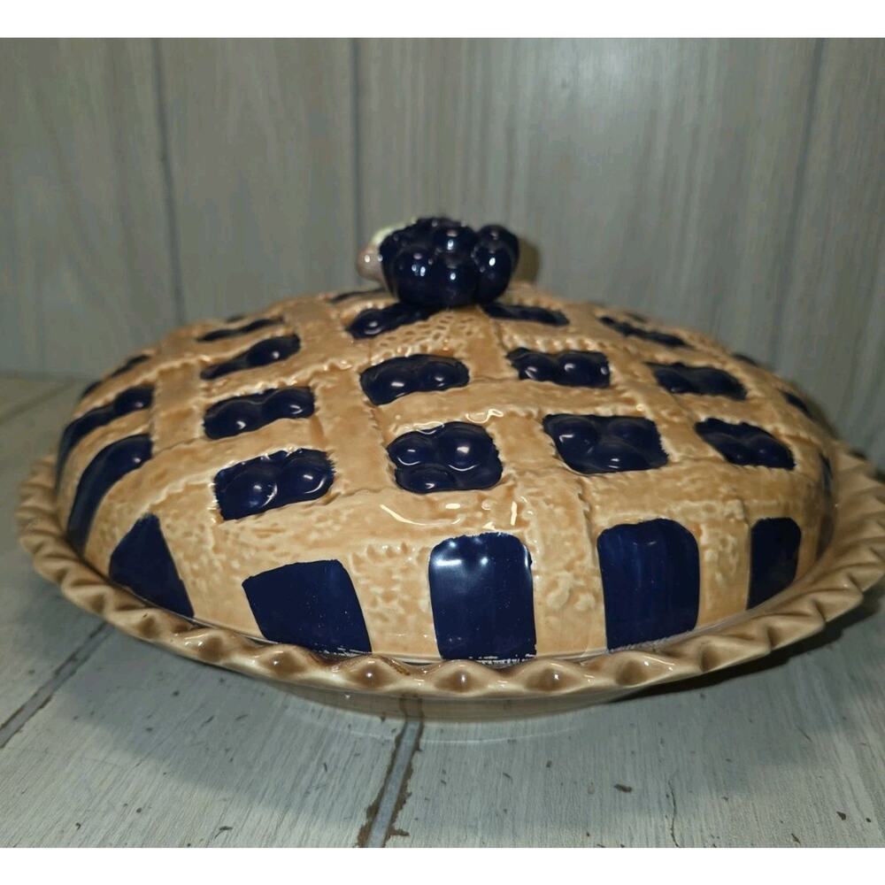 Vtg Blueberry Pie Recipe Dish Ceramic Scalloped Pan Lid Original Box GrandmaCore - Picture 7 of 10